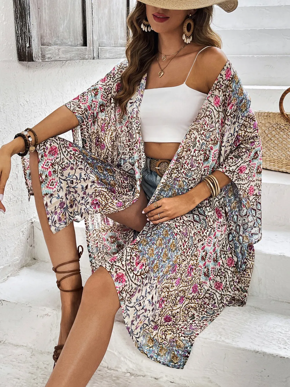 Floral Print Open Front Cover Up, image 5