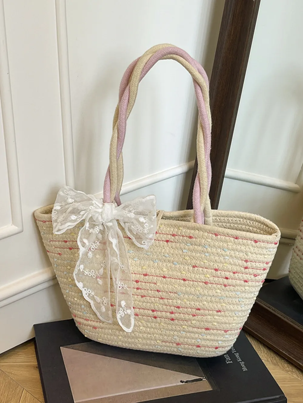Woven Straw Shoulder Bag with Lace Bow Detail