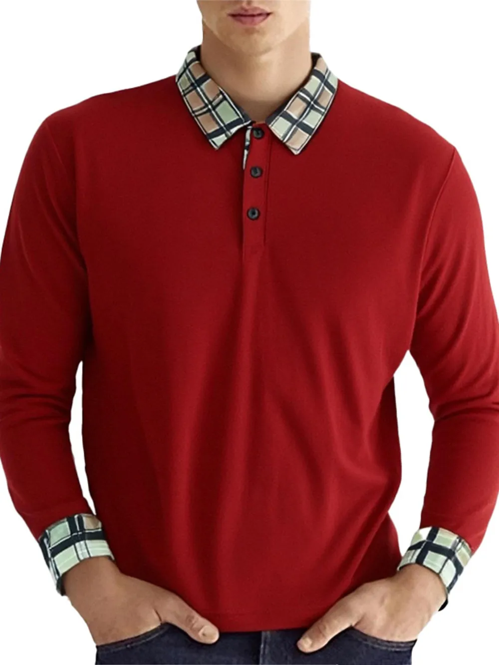 Men's Long Sleeve Plaid Collar Polo Shirt, image 11
