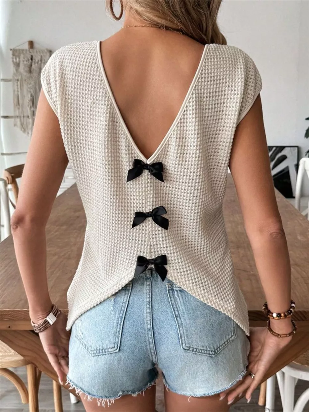 Waffle Knit V-Neck Cap Sleeve Top, image 5