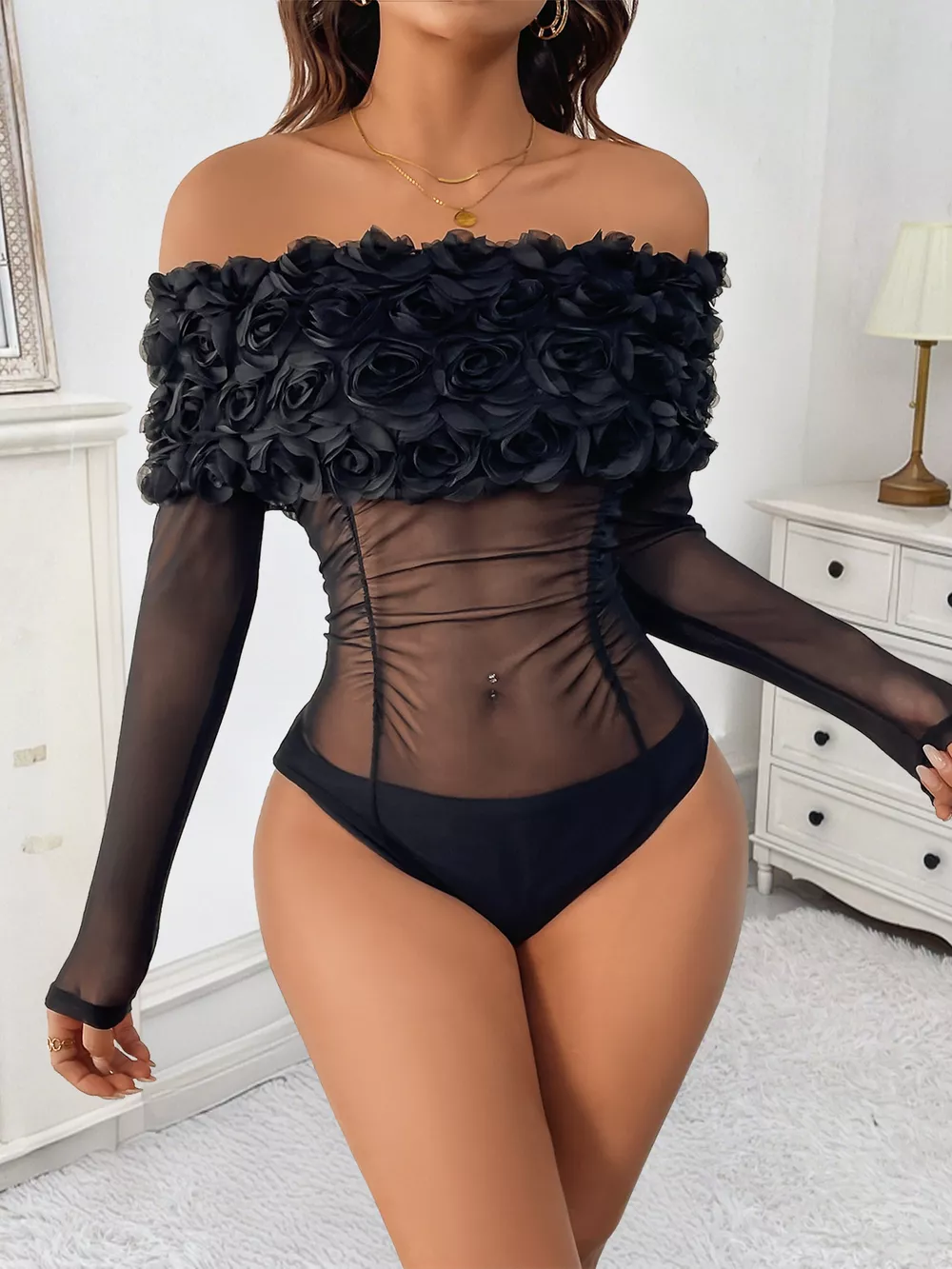 Flower Off-Shoulder Mesh Bodysuit, image 9
