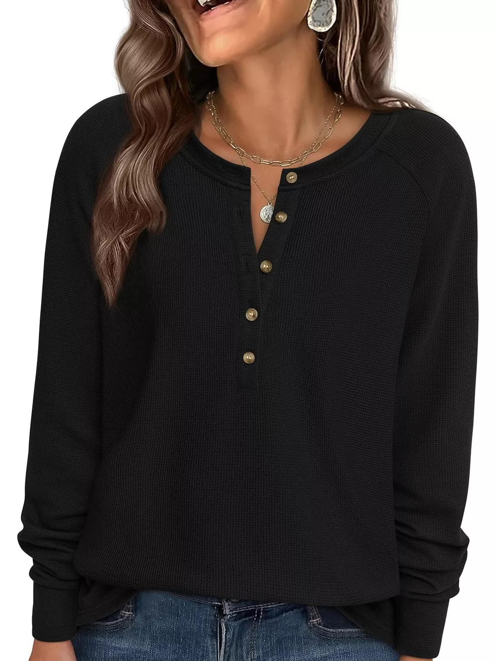 Waffle Knit Henley Long Sleeve T-Shirt, image 12