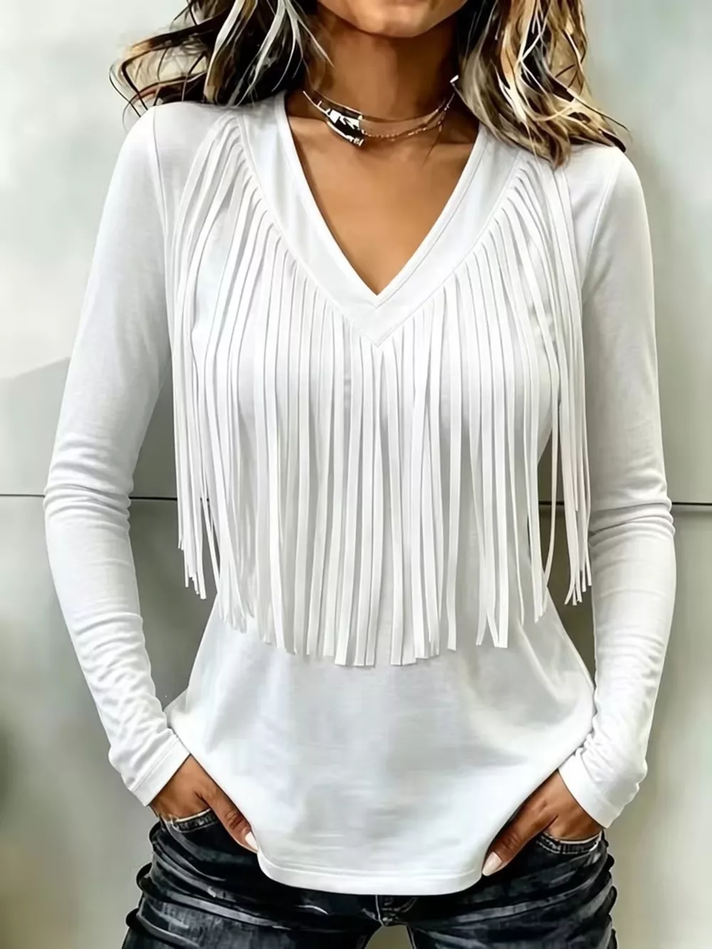 Fringe V-Neck Long Sleeve T-Shirt, image 5