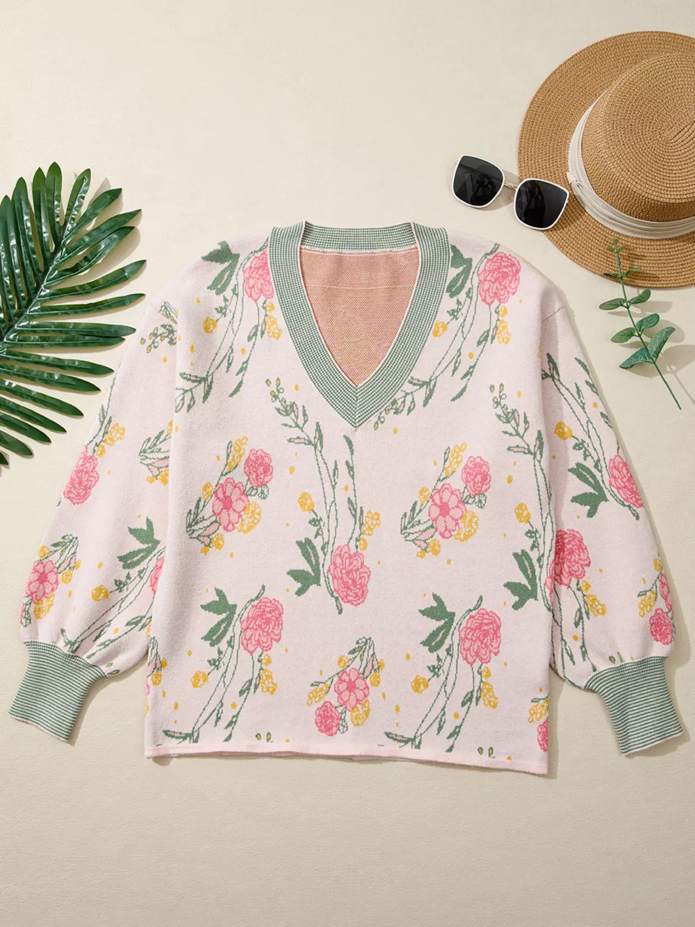 Floral Pattern Striped V Neck Loose Sweater, image 6