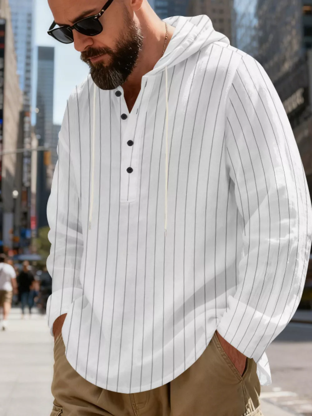 Men's Full Size Casual Striped Henley Hoodie with Drawstring Plus Size, image 2
