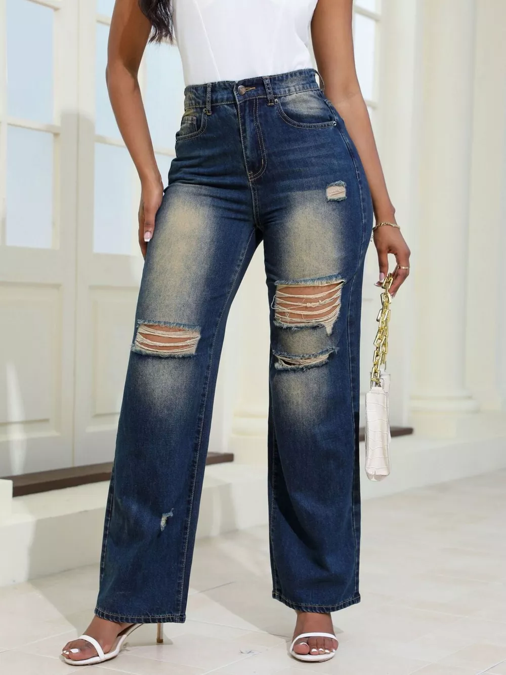 High-Waisted Distressed Wide-Leg Jeans
