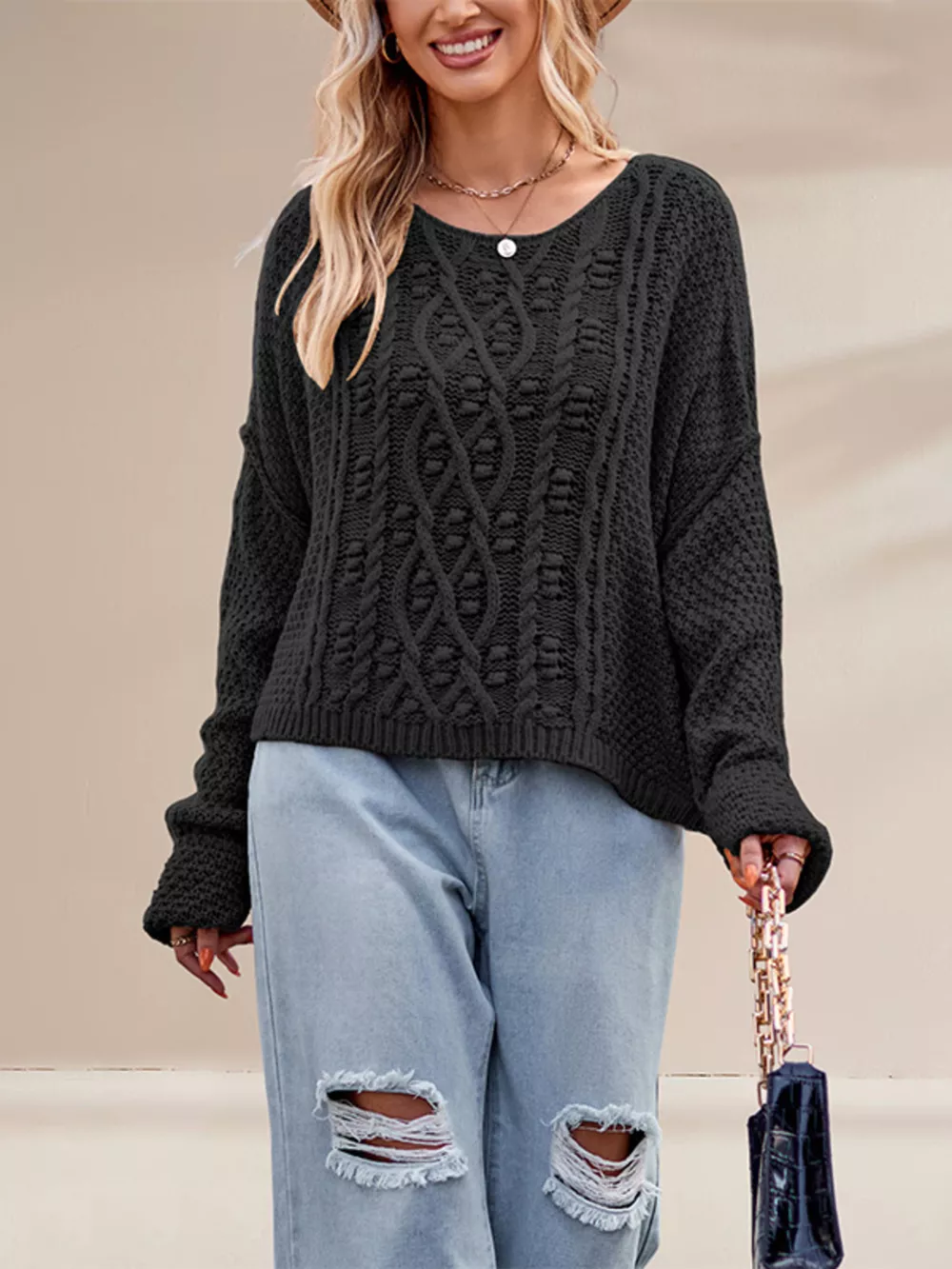 Cable Knit Dropped Shoulder Sweater, image 4