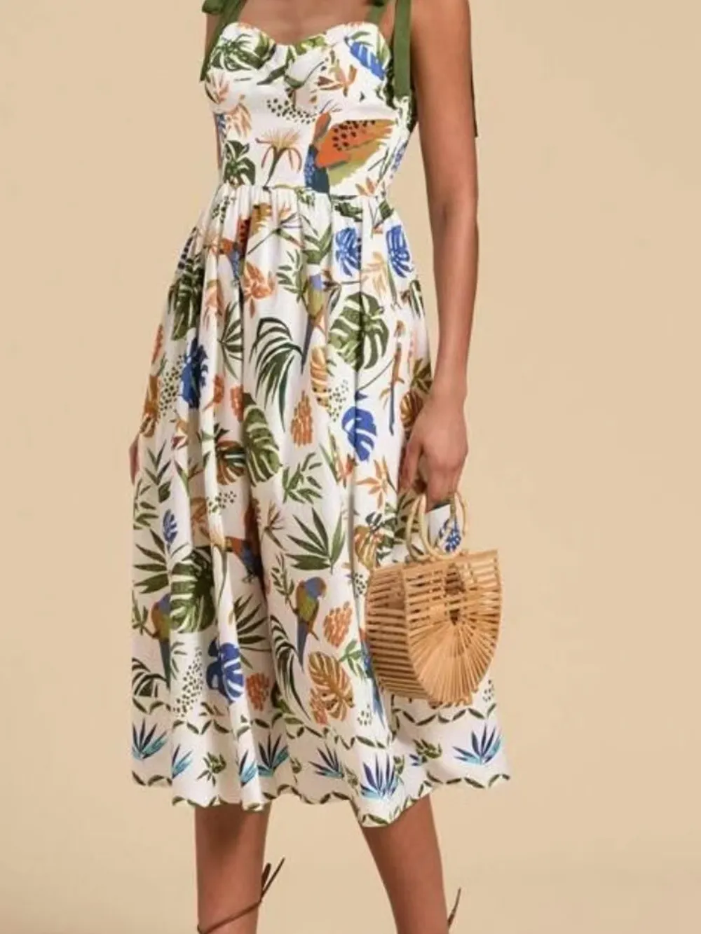 Tropical Print Tie-Shoulder Sweetheart Neck Midi Dress, image 6
