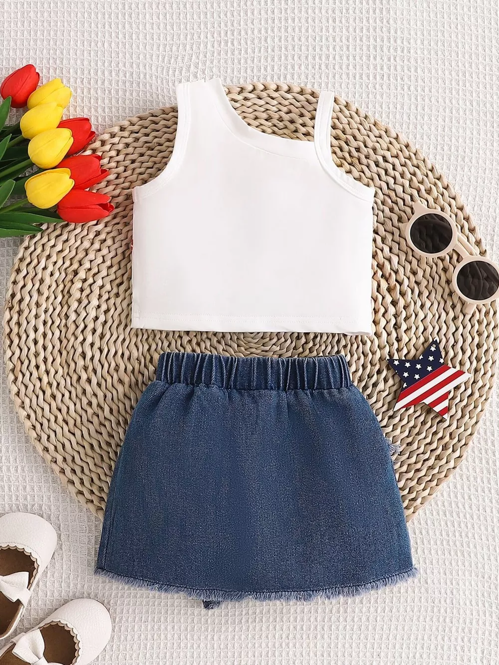 Children's American Flag Print Tank Top & Denim Skirt Set, image 7