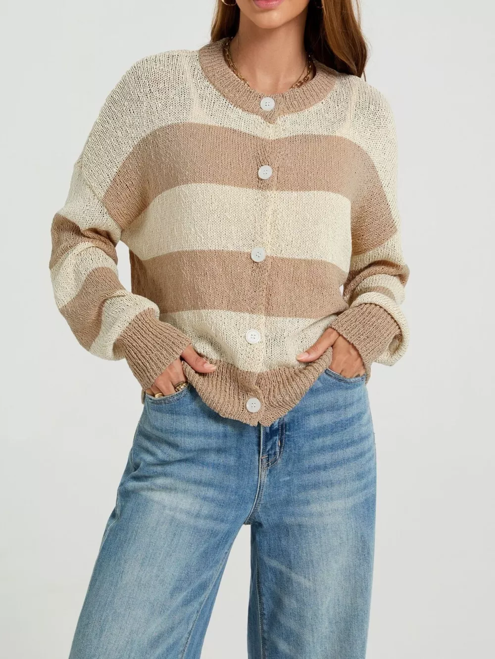 Casual Striped Button-Down Knit Cardigan, image 4