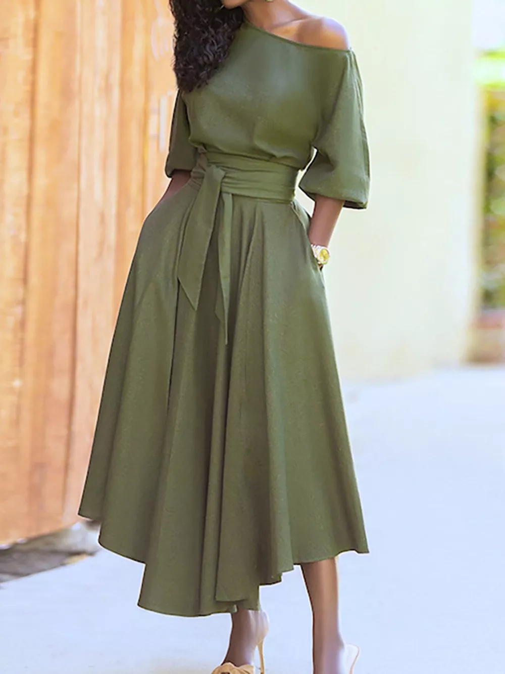 Boat Neck Tie Waist Dress, image 3
