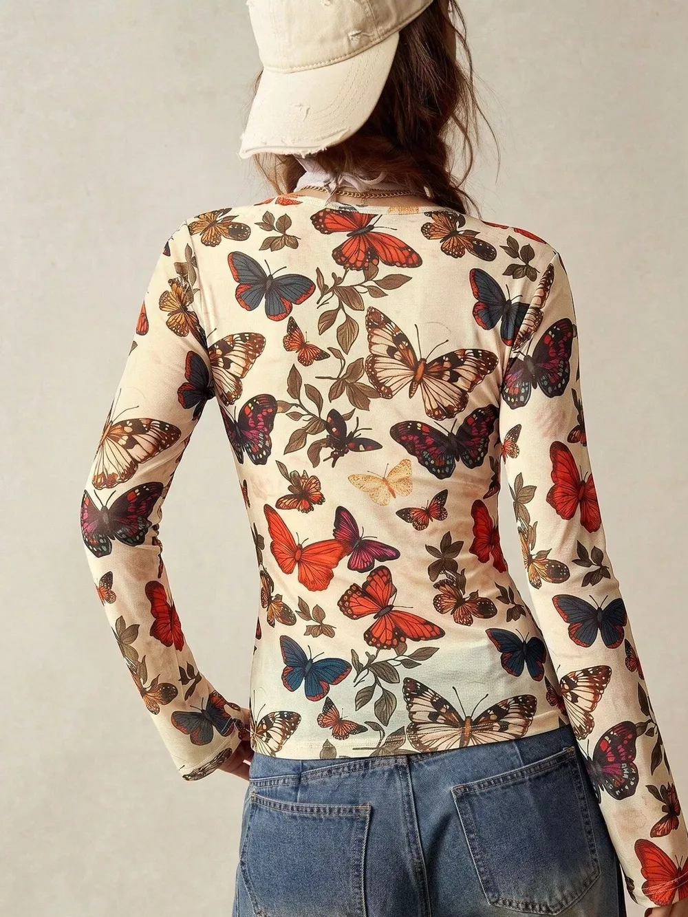 Butterfly Print V-Neck Button-Down Long Sleeve Shirt, image 3