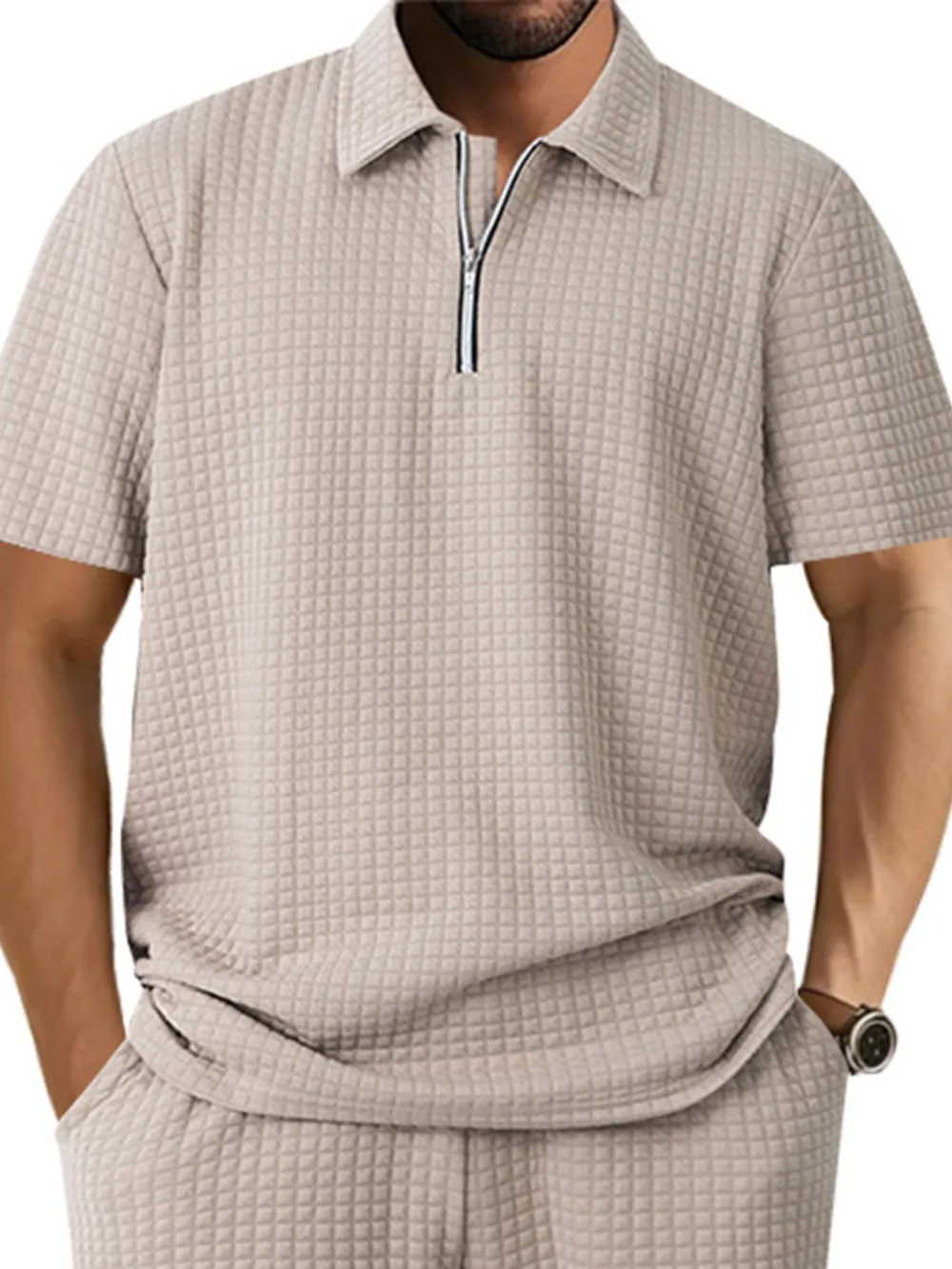 Men's Full Size Waffle Short Sleeve Polo with Zipper Detail Plus Size, image 10
