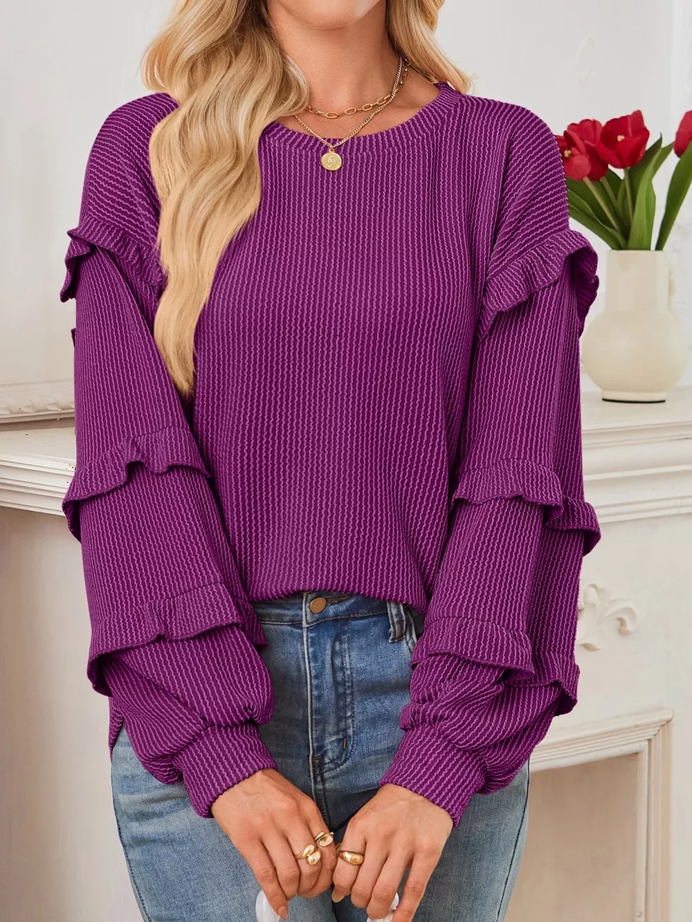 Round Neck Ruffled Long Sleeve Sweatshirt, image 6