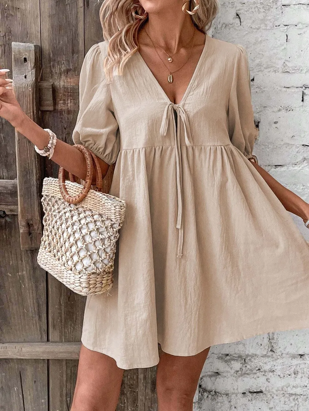 V-Neck Tie-Front Mini Dress with Puff Sleeves, image 16