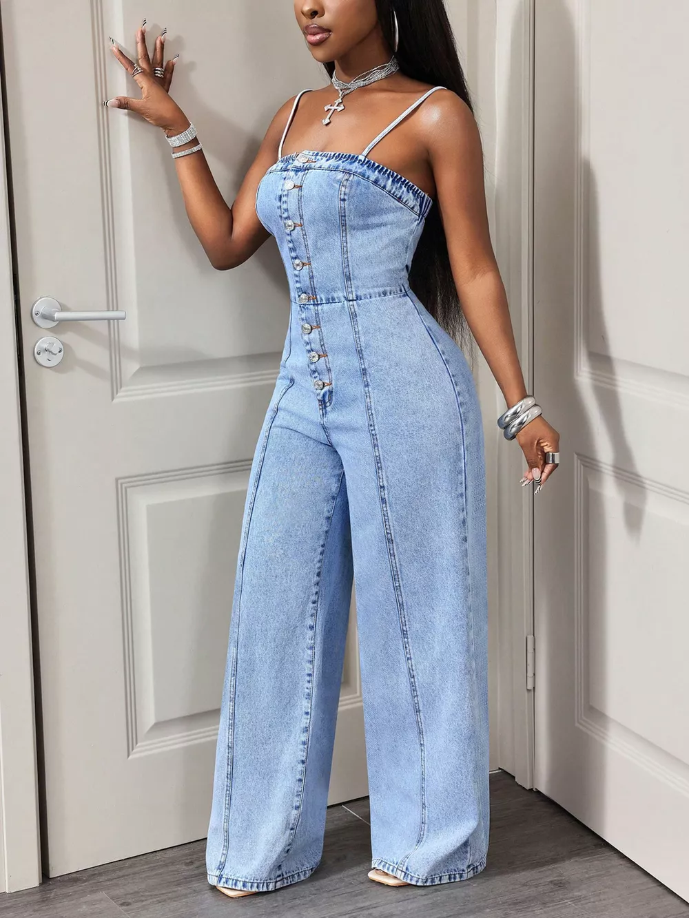 Button-Down Wide Leg Denim Jumpsuit, image 3