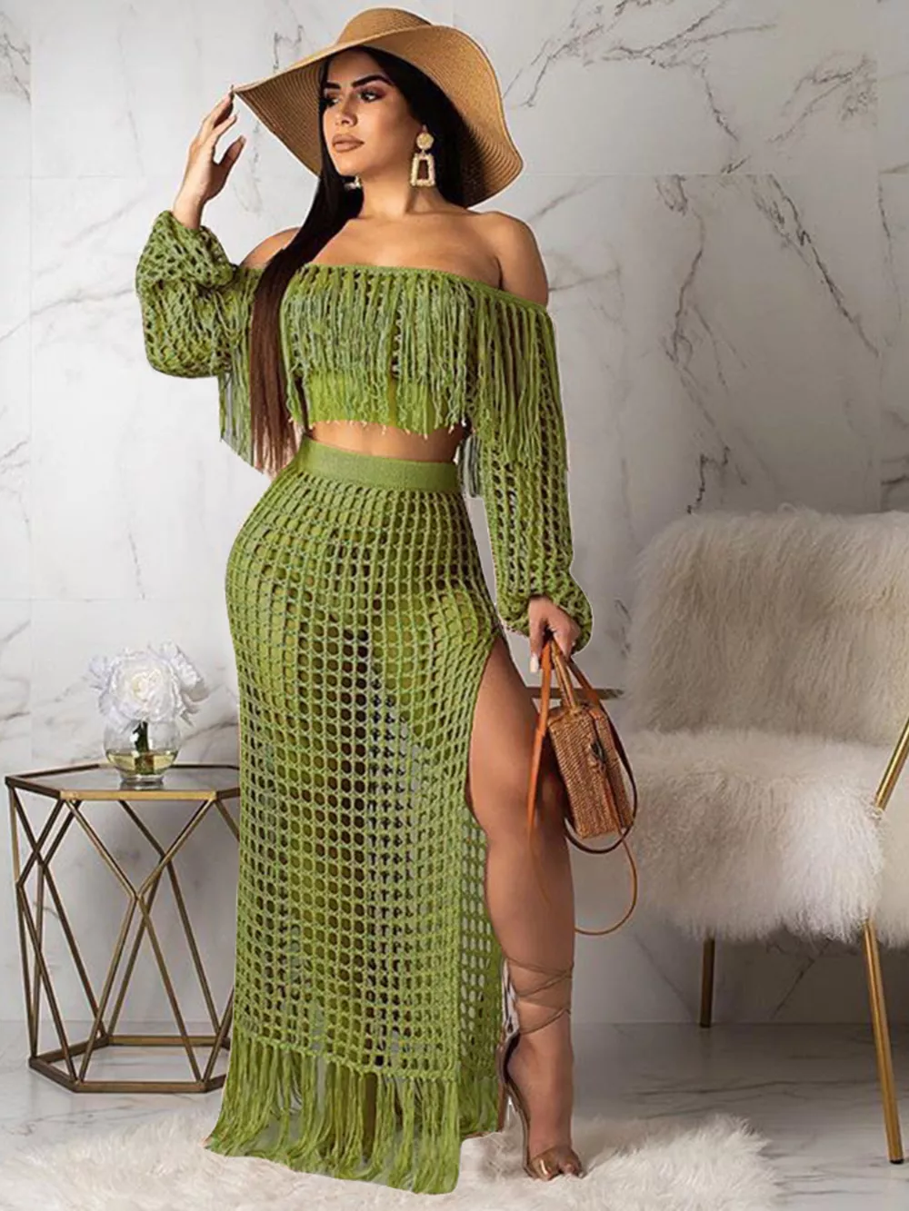 Full Size Crochet Off-Shoulder Fringe Top and Skirt Set Plus Size, image 19