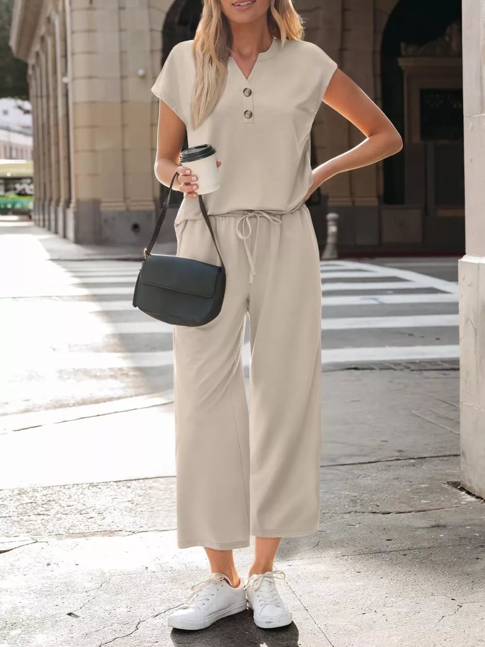 Notched Short Sleeve Top and Pants Set, image 3