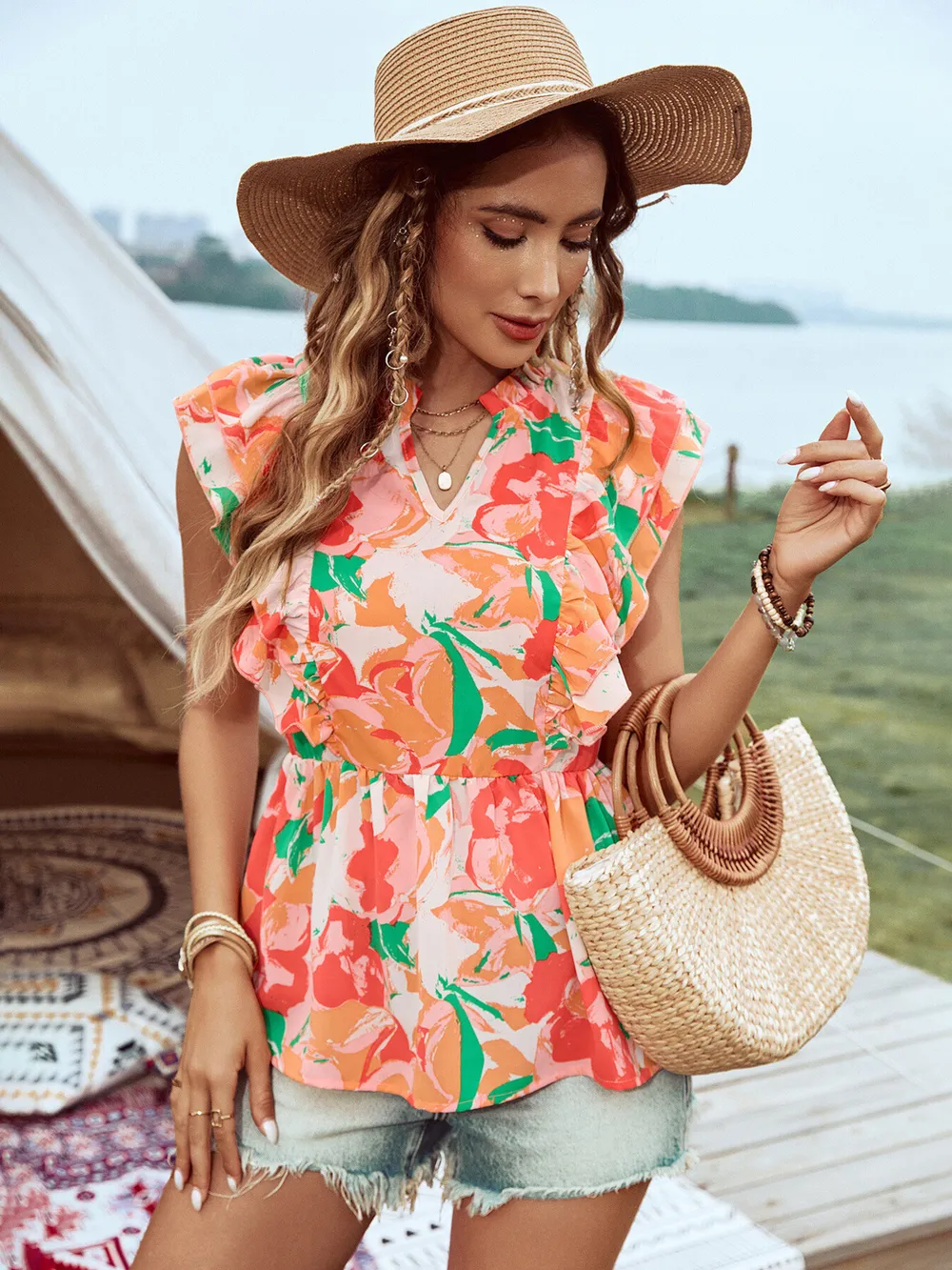 Floral Ruffle Cap Sleeve Blouse, image 7