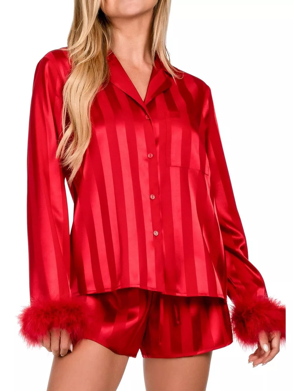 Striped Feather Trim Shirt and Shorts Lounge Set, image 4