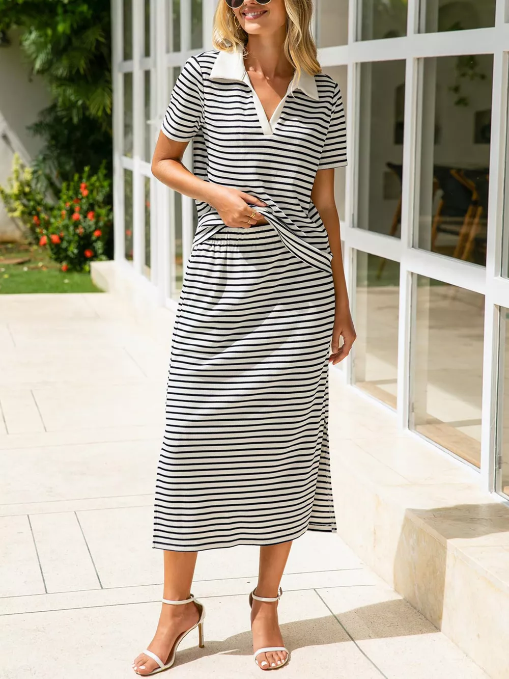 Striped Polo Collar Top and Slit Skirt Two-Piece Set, image 11
