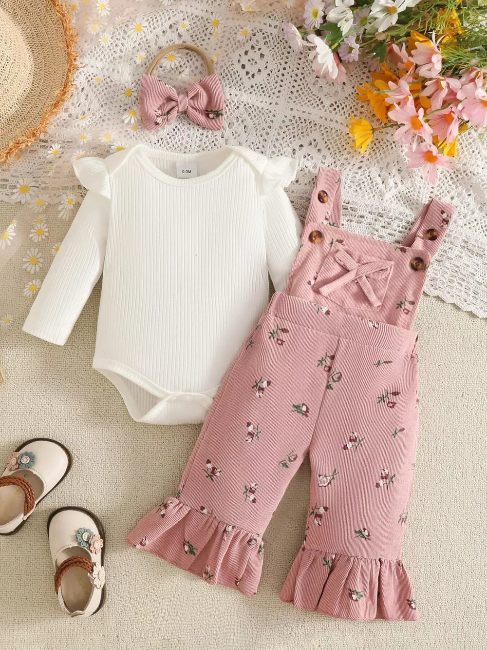 Children's Ribbed Bodysuit and Overalls Set with Headband, image 2