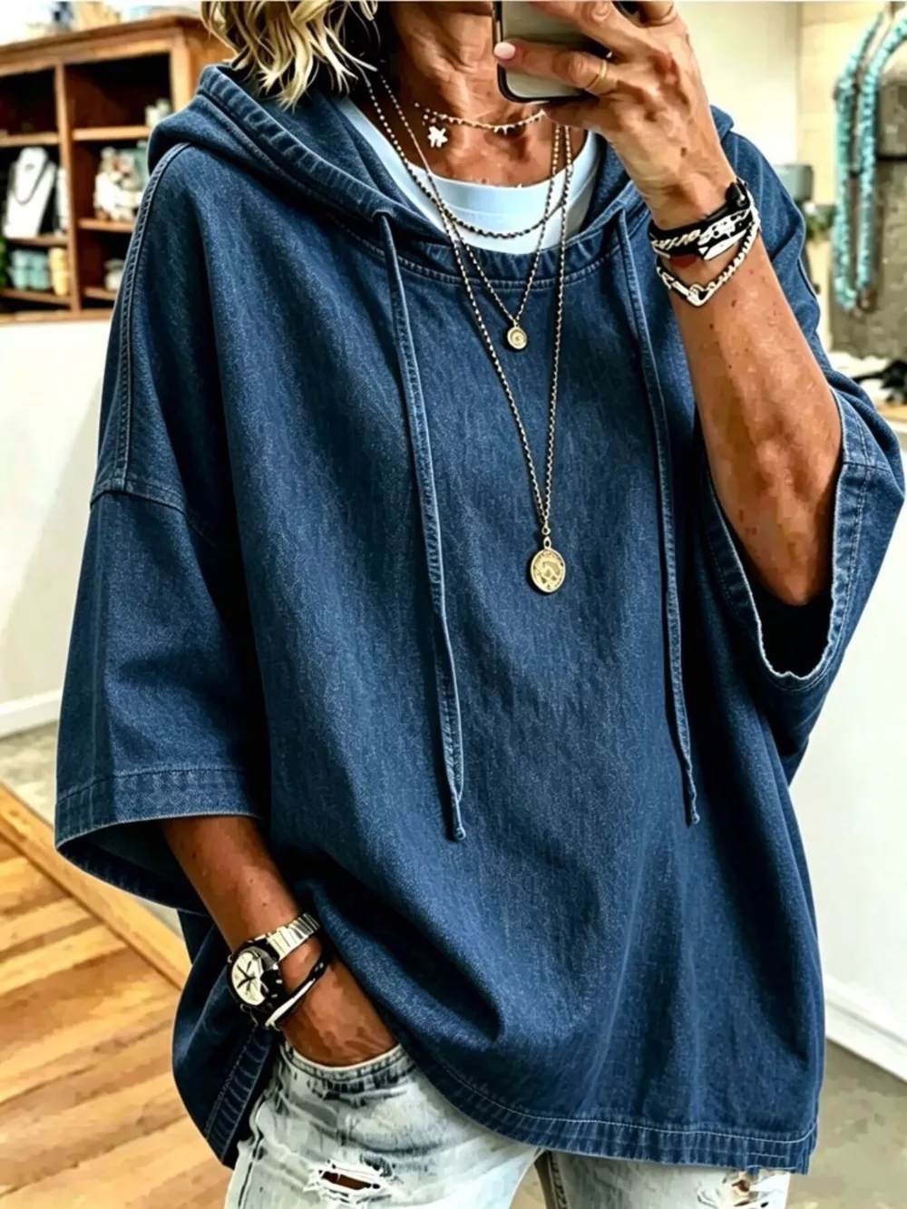 Full Size Oversized Washed Denim Hoodie Top Plus Size, image 4