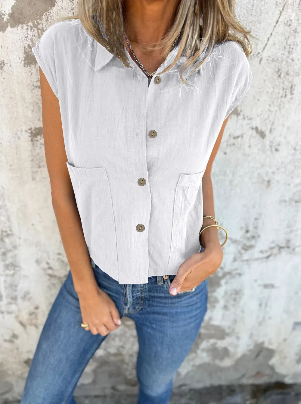 Full Size Button Down Cap Sleeve Linen Shirt Plus Size, image 12