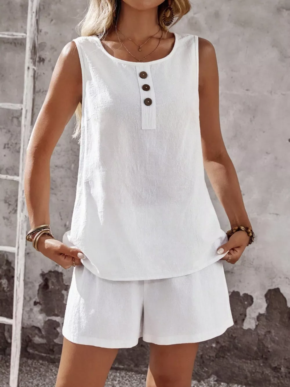 Decor Button Round Neck Tank and Shorts Set, image 13