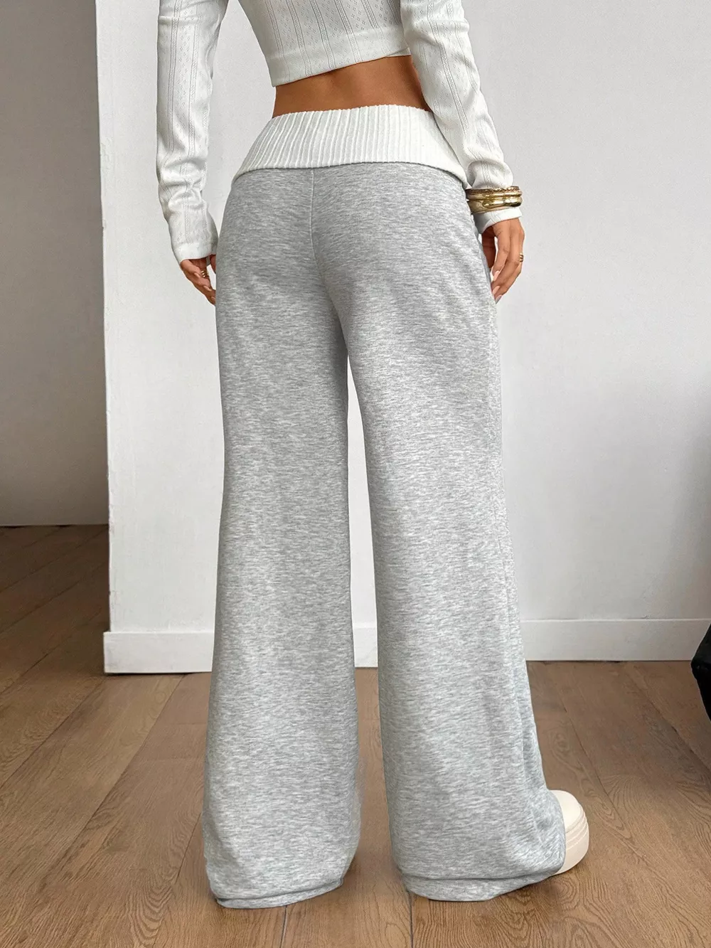 Ribbed Waistband Wide-Leg Pants, image 5