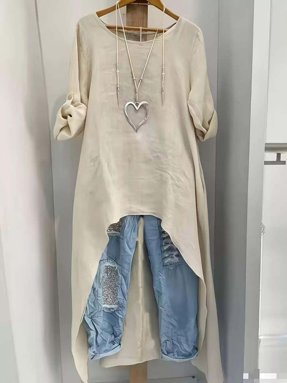 High-Low Hem Roll-Up Sleeves Blouse