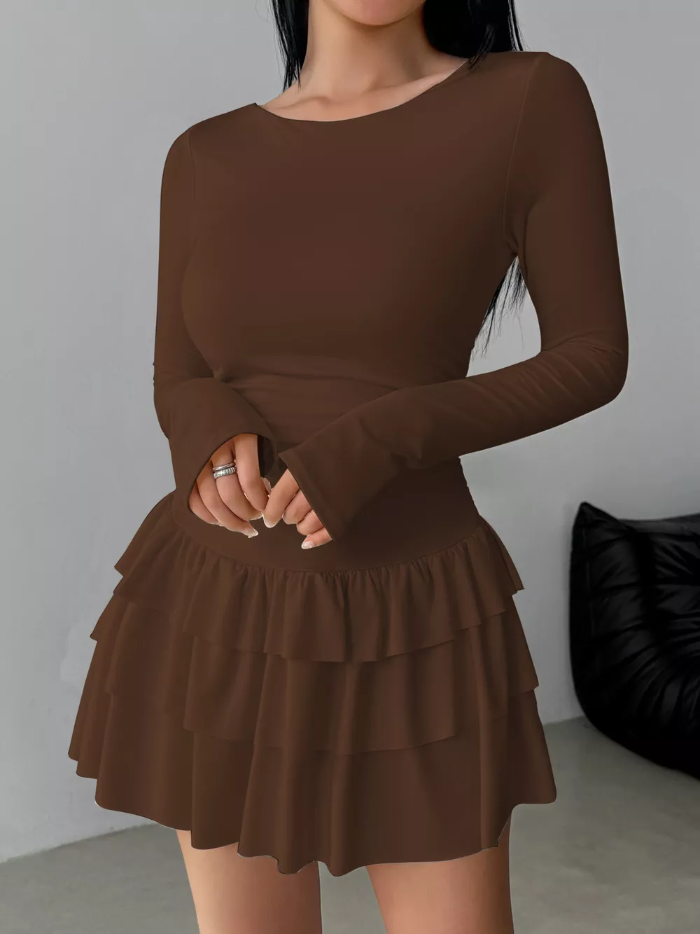 Ruched Long Sleeve Layered Ruffle Mini Dress, image 6