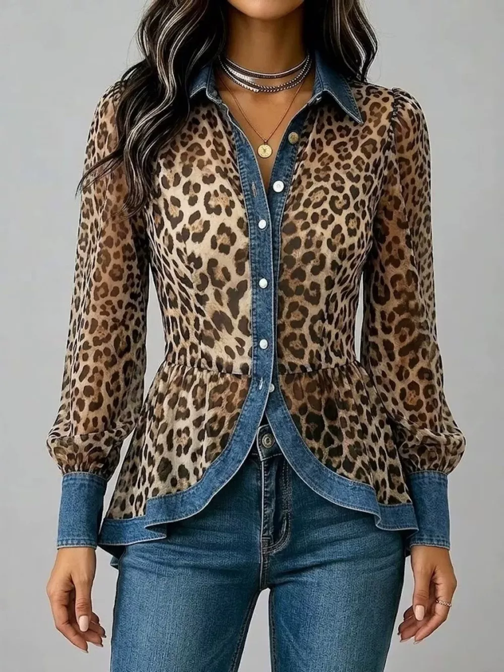 Denim Contrast Trim Leopard Shirt