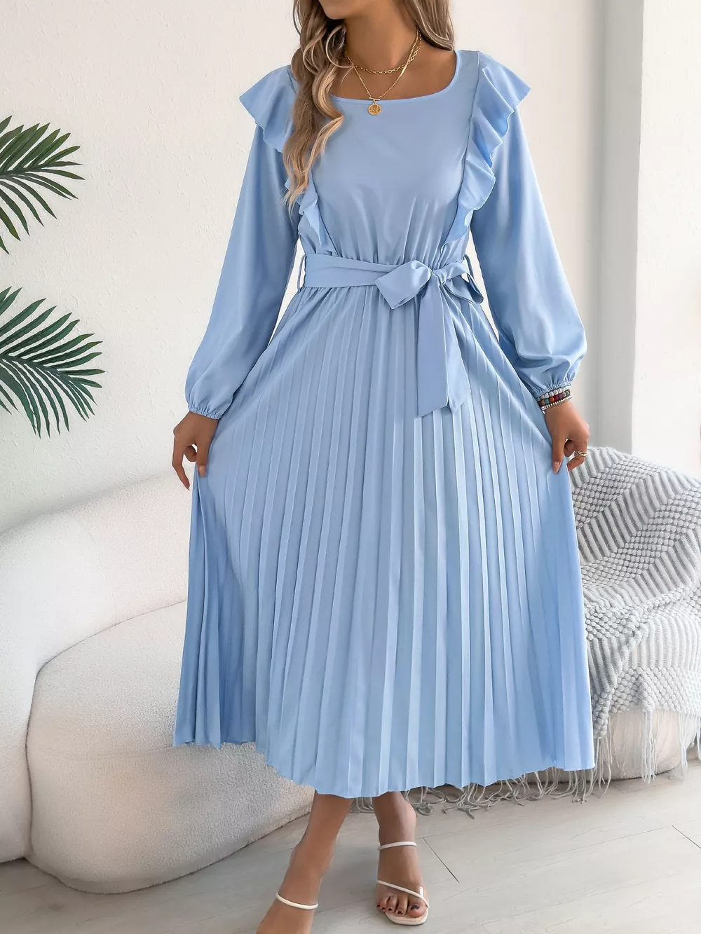 Ruffle Trim Pleated A-Line Midi Dress, image 16
