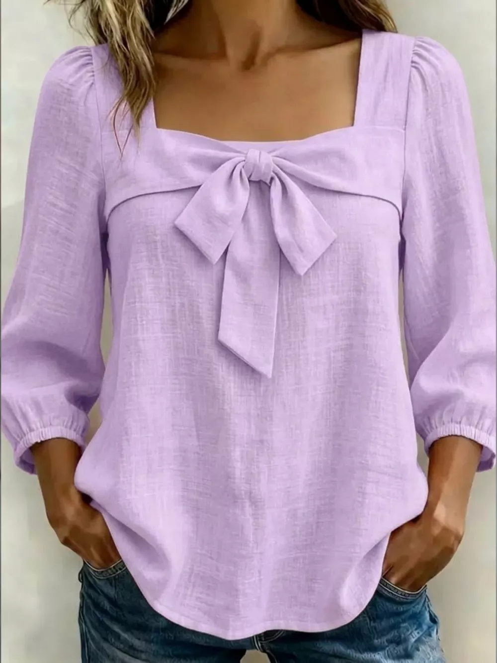 Full Size Bow Front Square Neck Blouse Plus Size, image 8