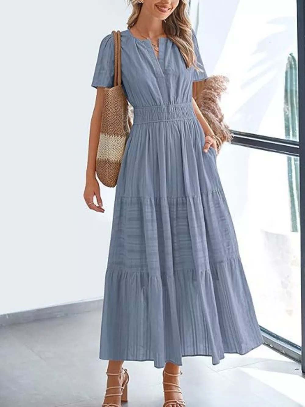 Full Size Short Sleeve Tiered Midi Dress Plus Size, image 24