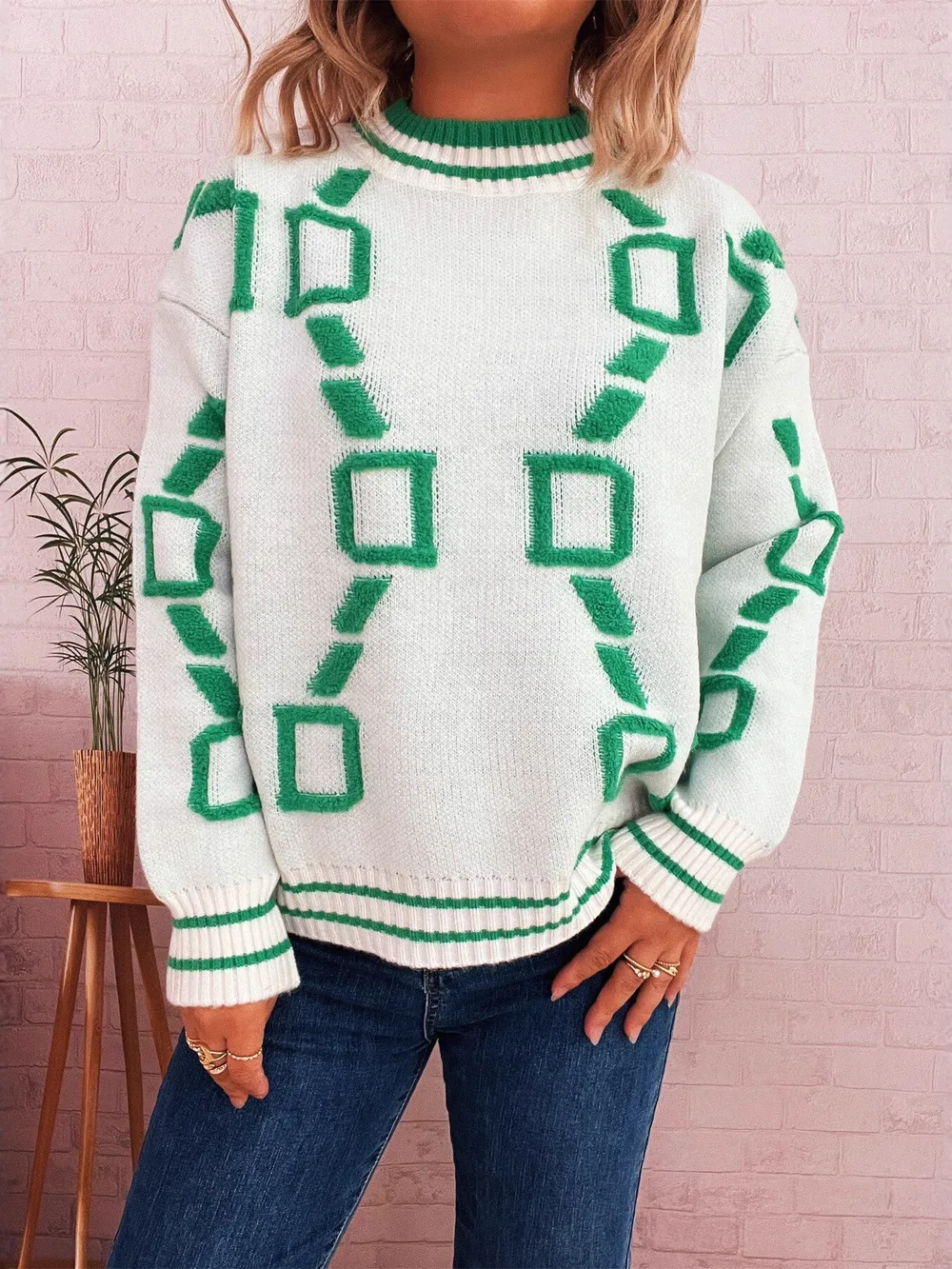 Contrast Round Neck Long Sleeve Sweater, image 14