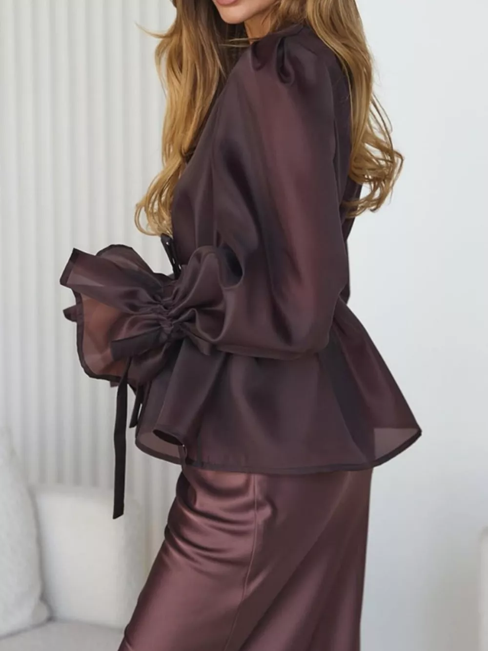 Flounce Sleeve Blouse and Satin Midi Skirt Two-Piece Set, image 6