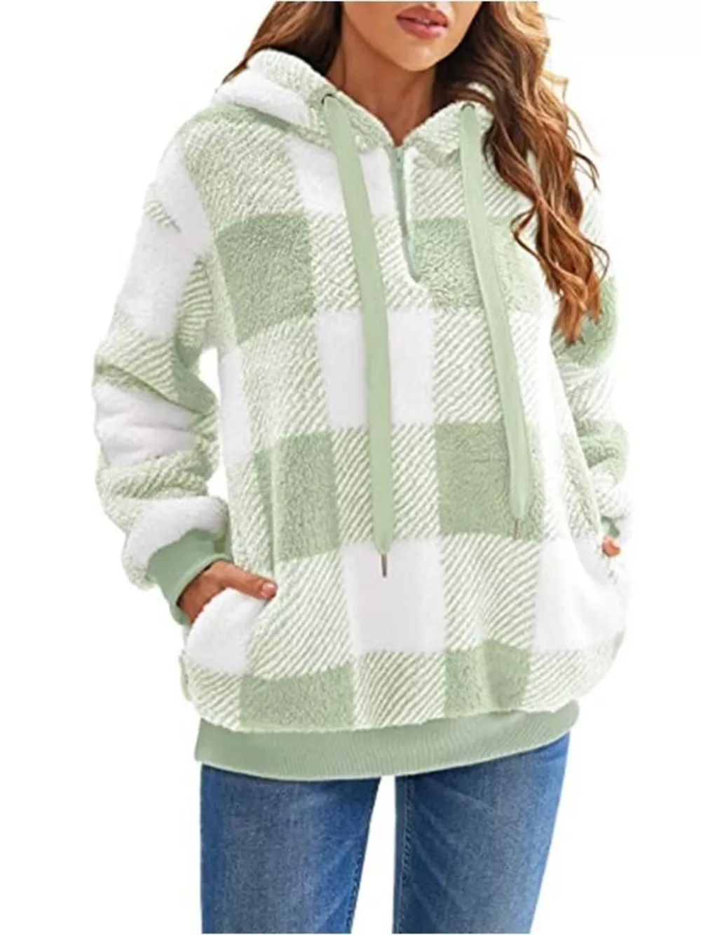 Full Size Plaid Sherpa Drawstring Hoodie Plus Size, image 13