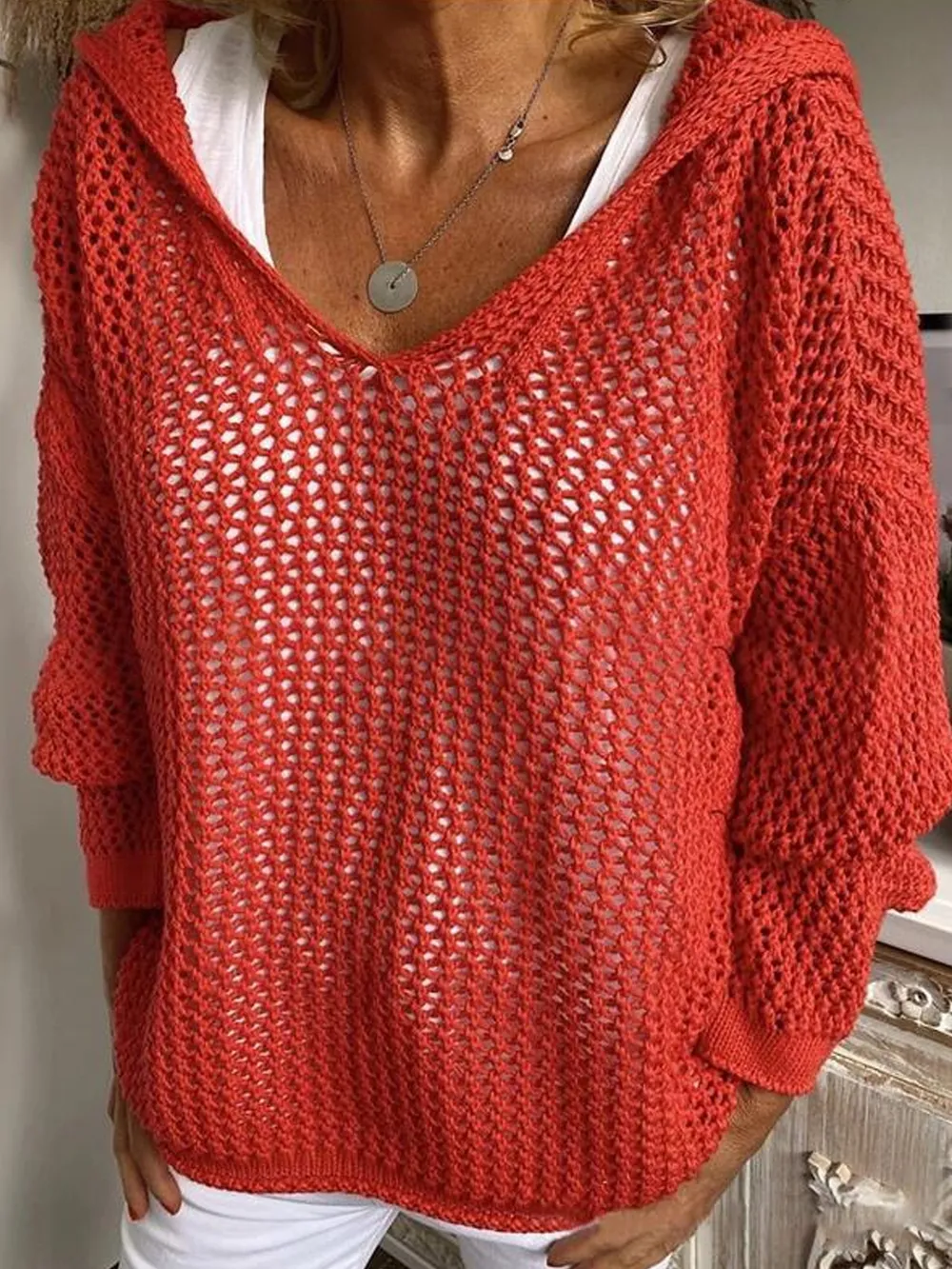 Openwork Long Sleeve Hooded Knit Cover Up, image 14