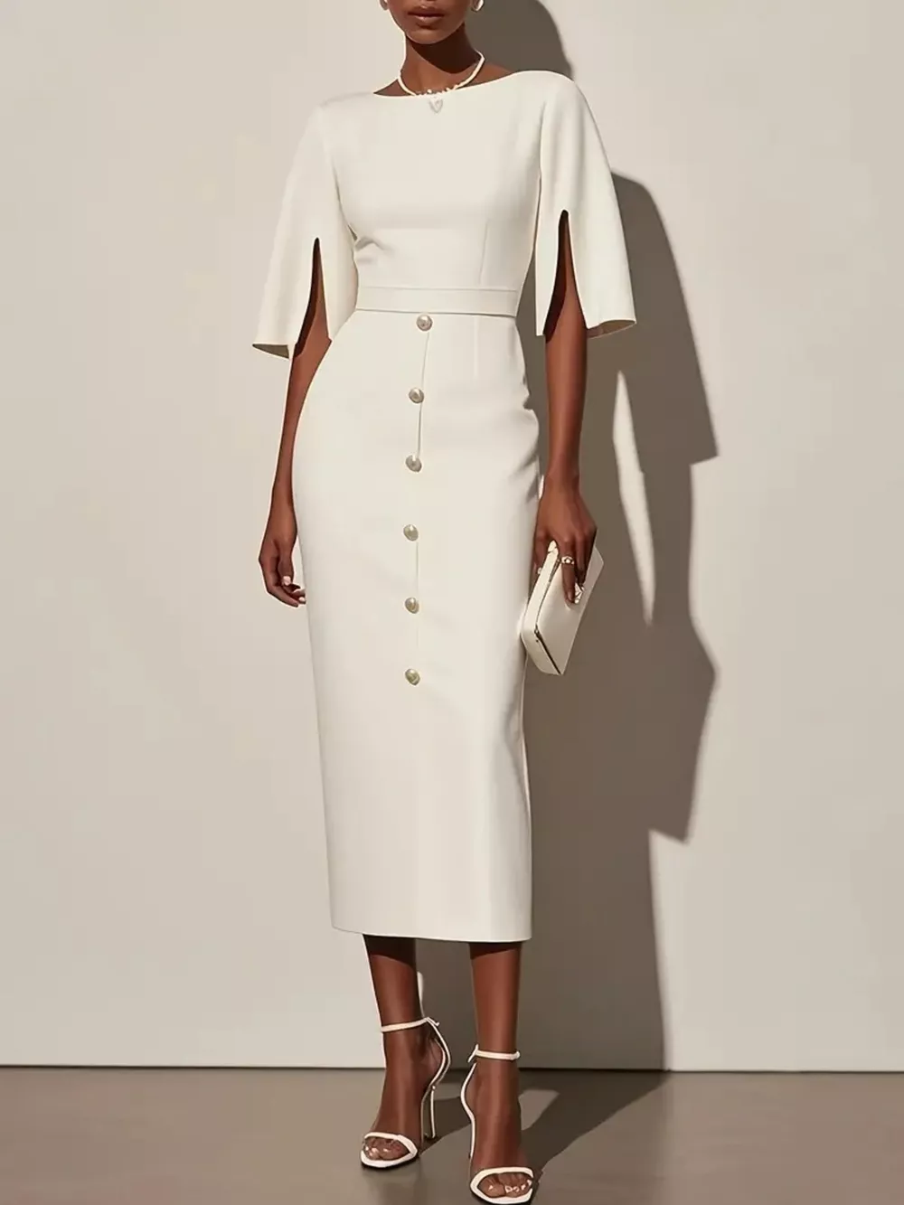 Slit Sleeve Midi Dress with Decorative Button, image 4