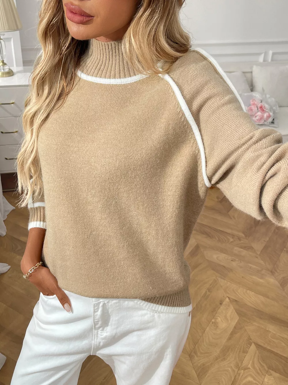 Contrast Trim Turtleneck Long Sleeve Sweater, image 12