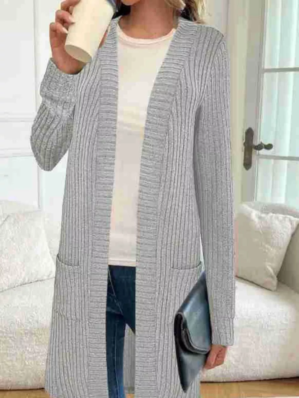 Ribbed Knit Open Front Cardigan, image 10