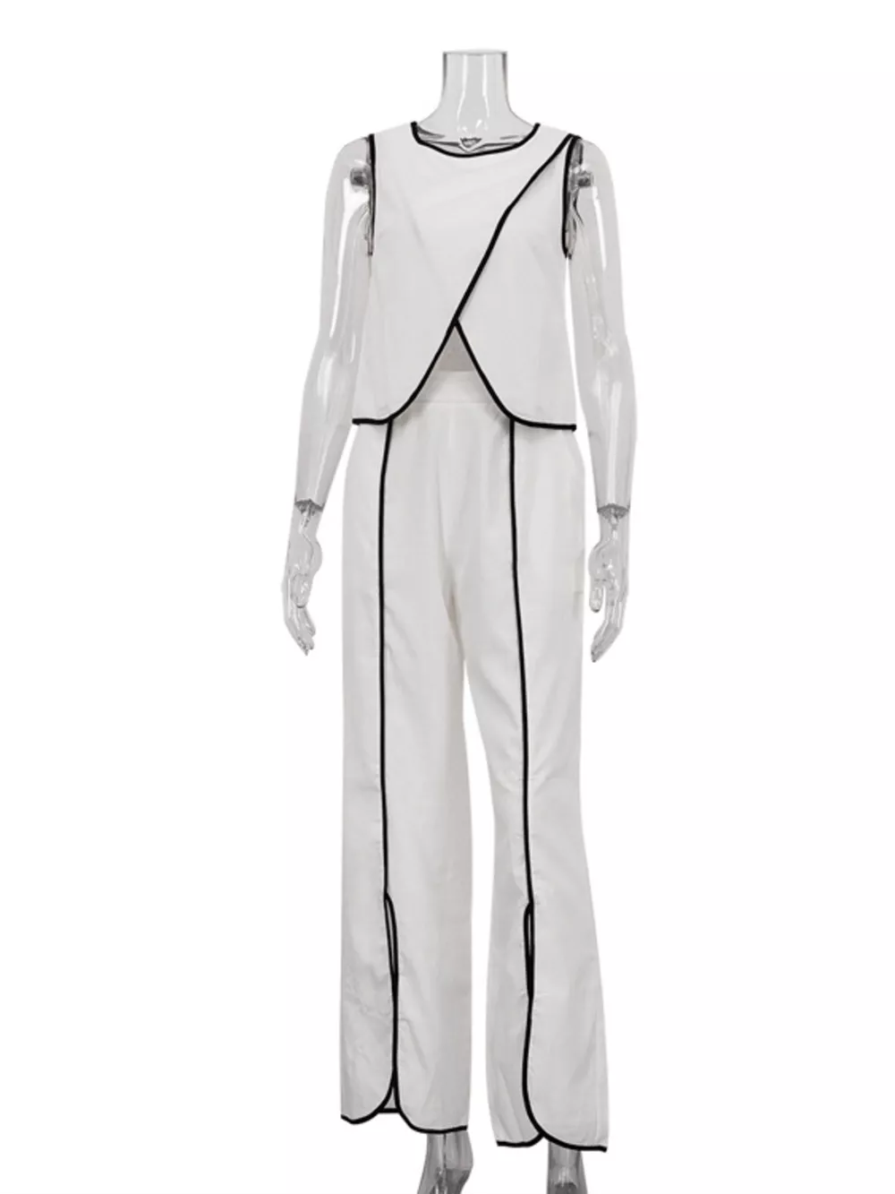Contrast Trim Sleeveless Top and Wide-Leg Pants Set, image 4