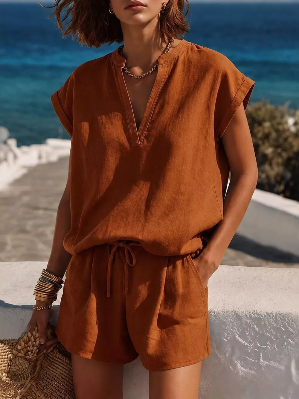 Notched Short Sleeve Top and Shorts Set, image 4