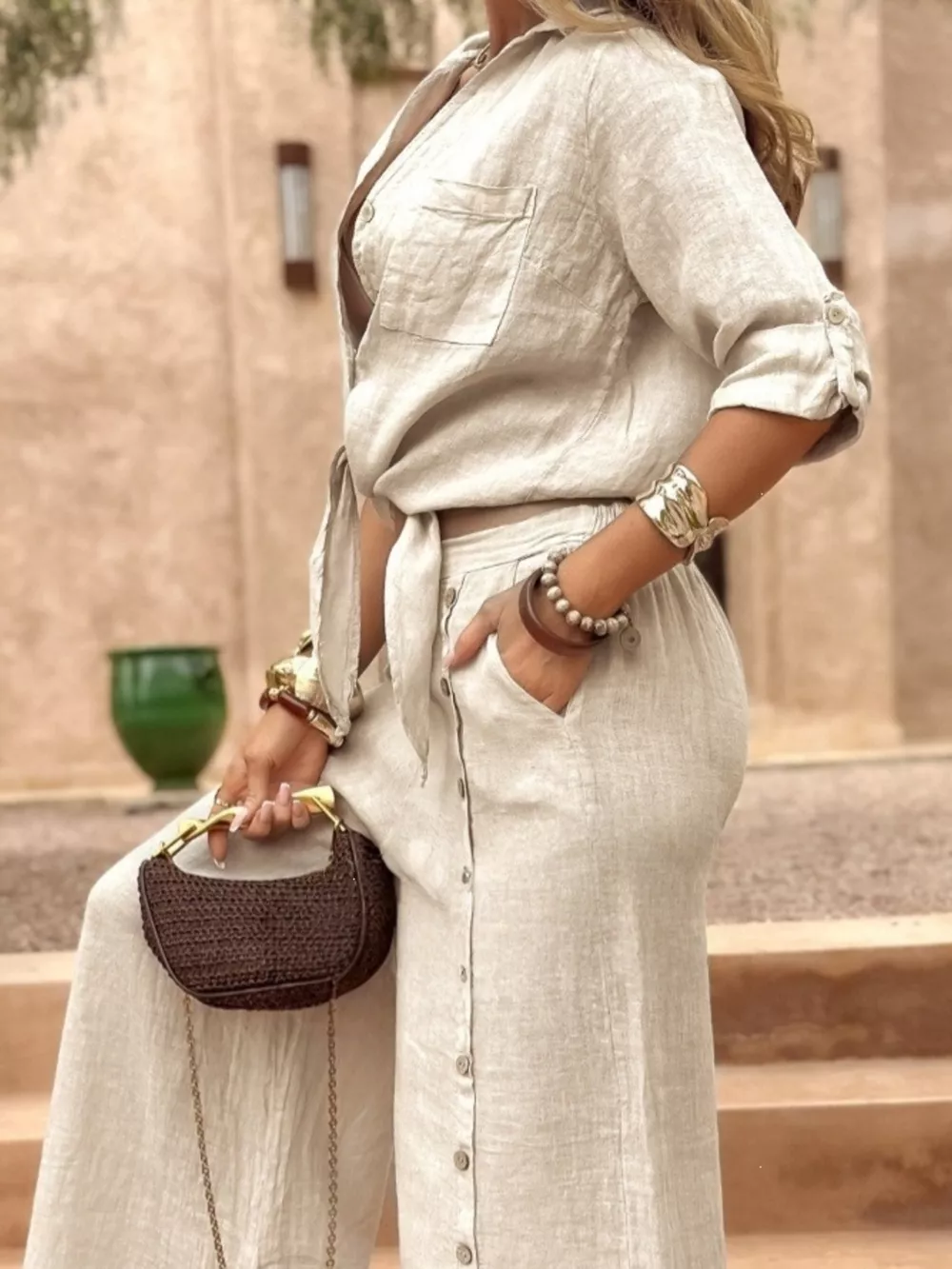 Full Size Button Up Shirt and Wide-Leg Pant Set Plus Size, image 11