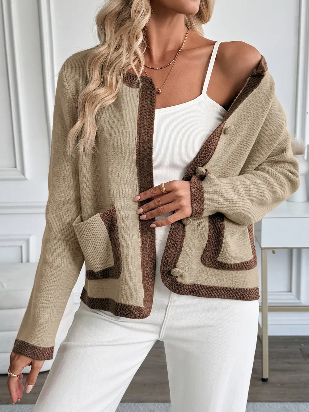 Button-Front Cardigan with Contrast Trim, image 5