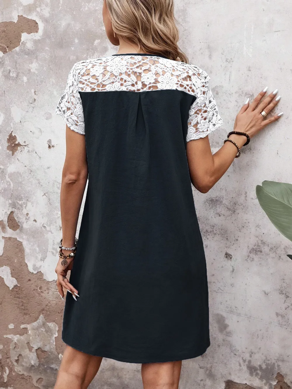 Lace Button Detail Round Neck Mini Dress, image 5