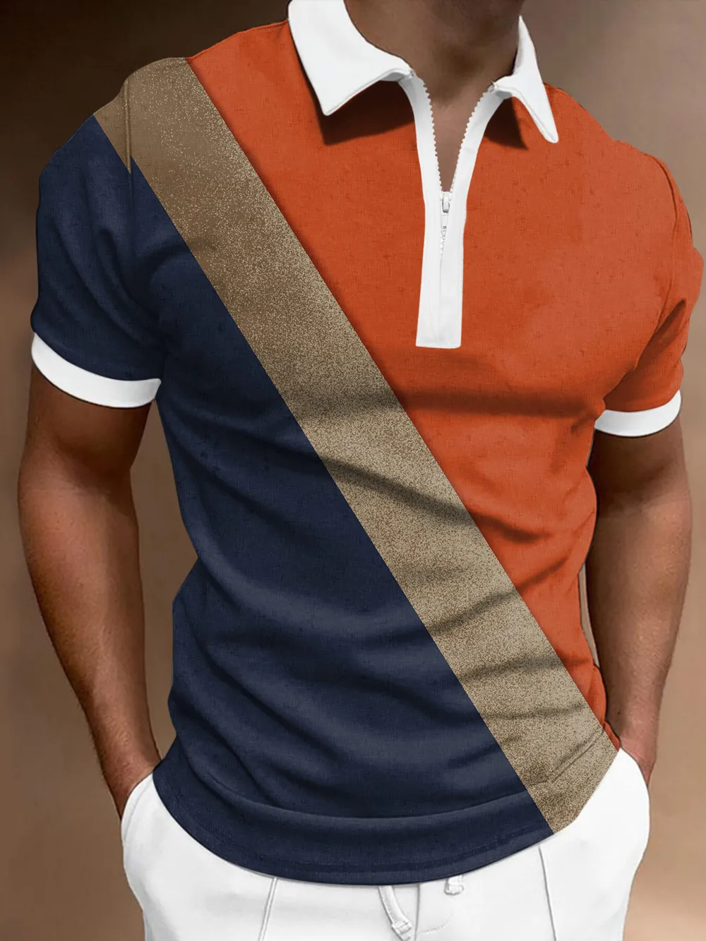 Men's Full Size Color Block Zipper Polo Shirt Plus Size, image 2