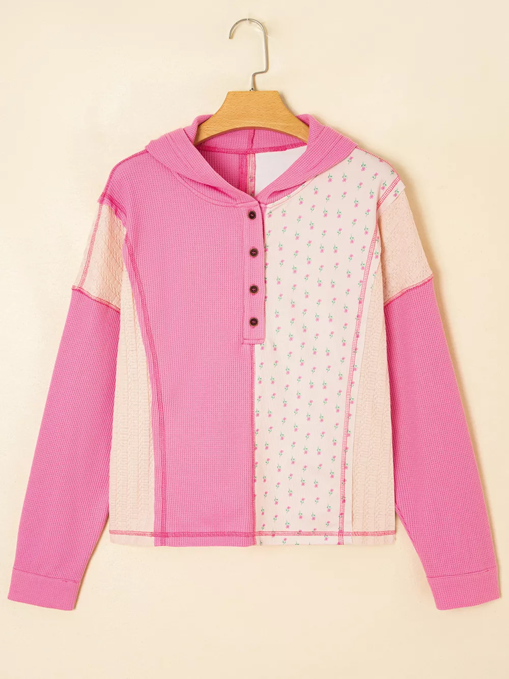 Mixed Texture Waffle Floral Patchwork Hooded Oversize Pullover, image 9